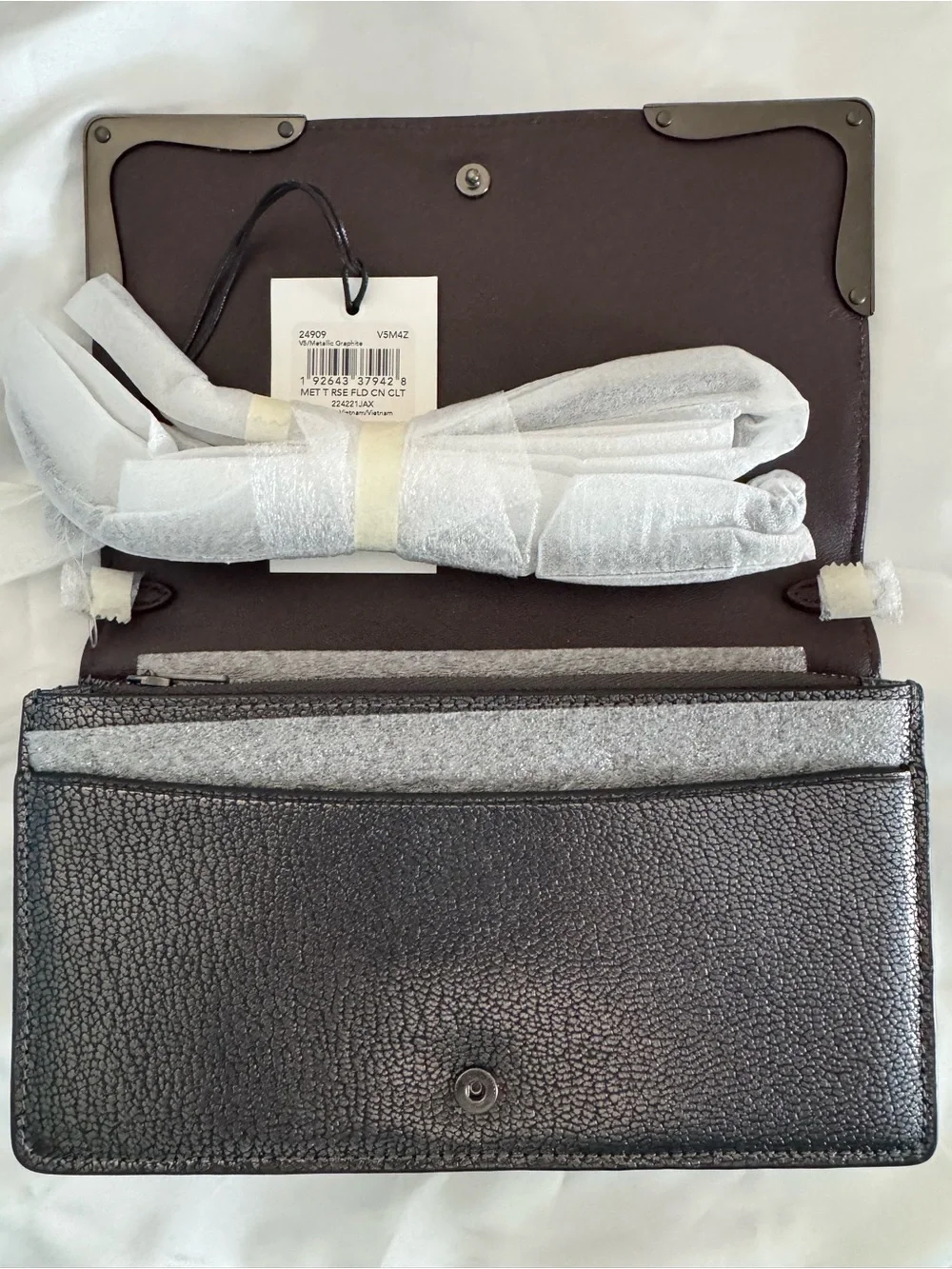 COACH Metallic Pewter Floral Appliqué Leather Foldover Chain Clutch